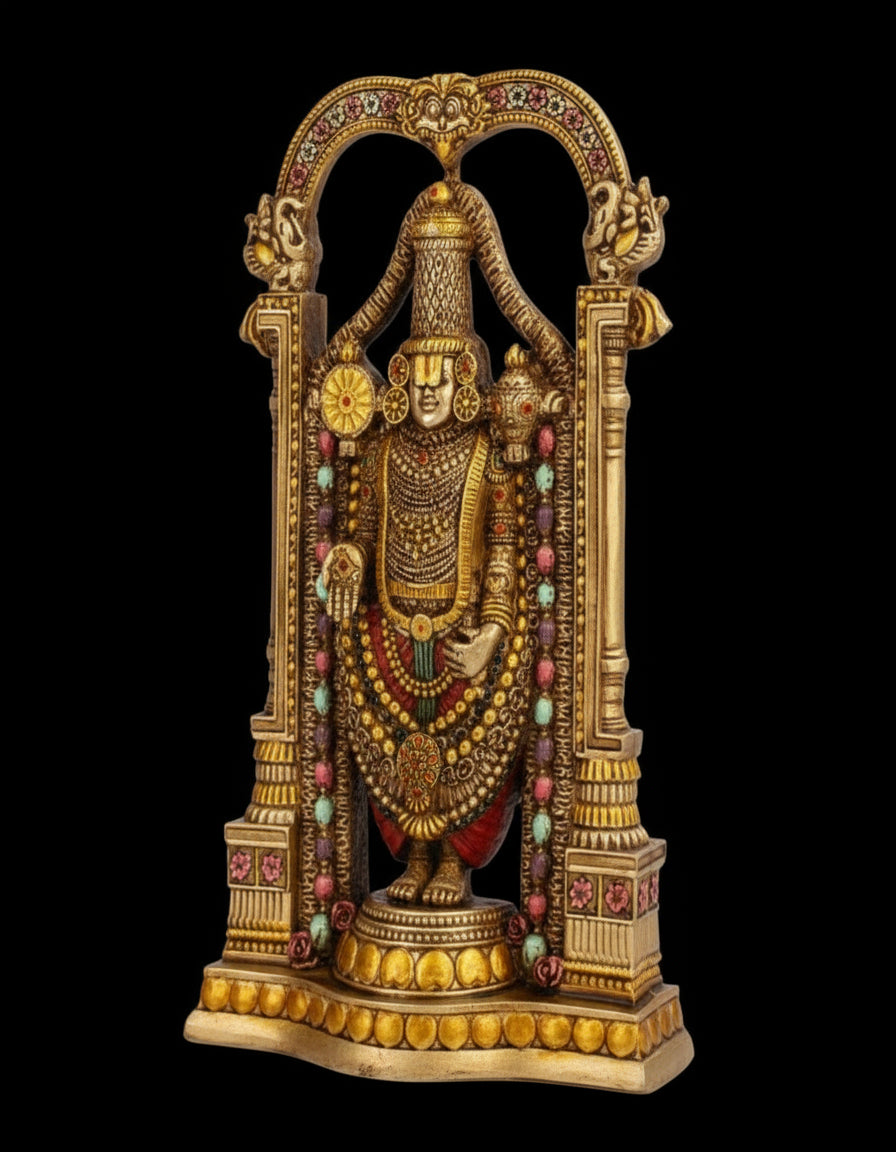 8" Tirupati Balaji Fine Metal Finish Idol Decorative Showpiece Handcrafted Tirupati Balaji Murti for Home Office and Gifting Purpose Sculpture, Golden, Pack of 1